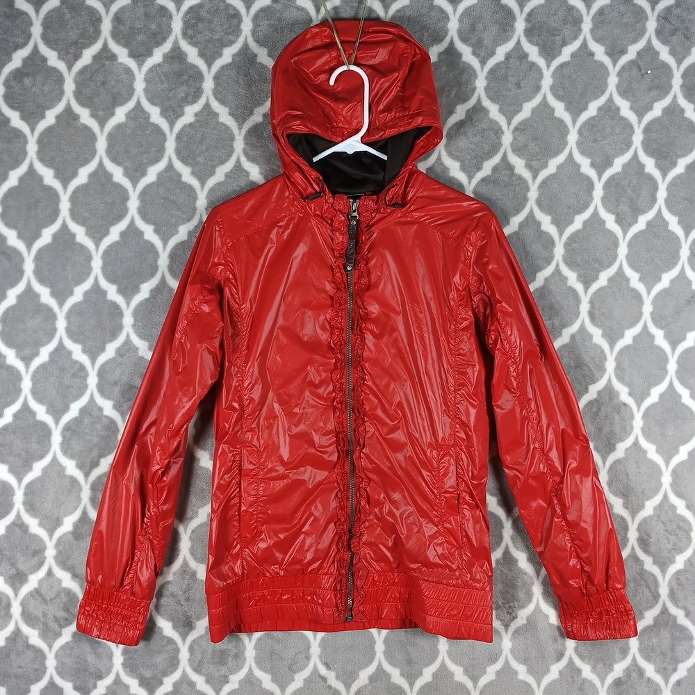 The North Face Windbreaker Jacket Women Medium Orange Ruffle Trim Hooded Zip Up